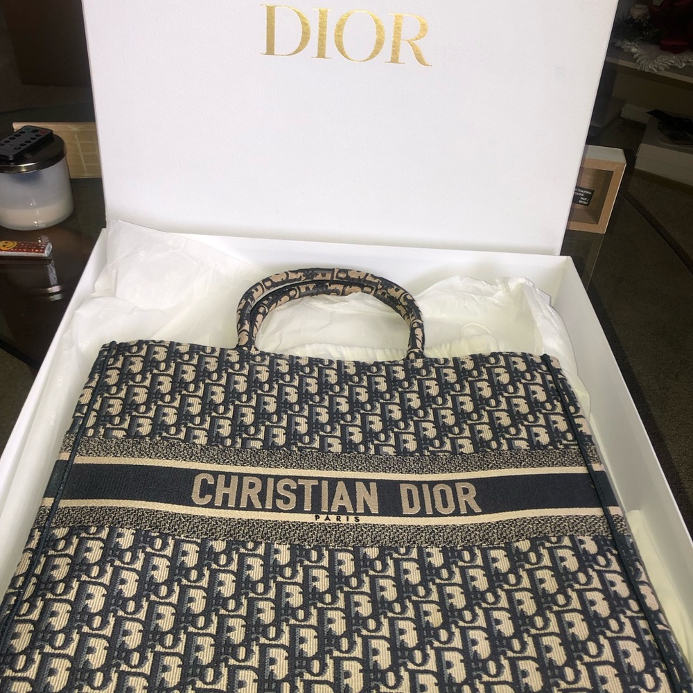 Dior Blue Oblique Tote Bag with Leather Trim
